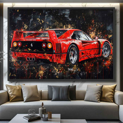 stampa su tela moderna ferrari f40 appesa in soggiorno lussuoso